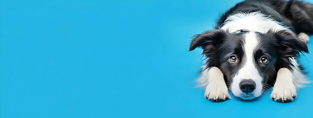 A playful border collie rests on a bright blue surface, showcasing its expressive eyes and unique black and white fur pattern.