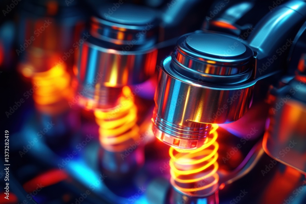 Aufkleber Close-up view of an engine piston with gasoline flow and neon highlights in an advanced automotive setup showcasing high-tech design