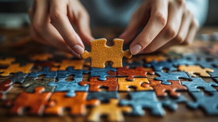 career development and promotion concept business woman going and standing on height personal growth and development assembling jigsaw puzzle pieces on wood desk