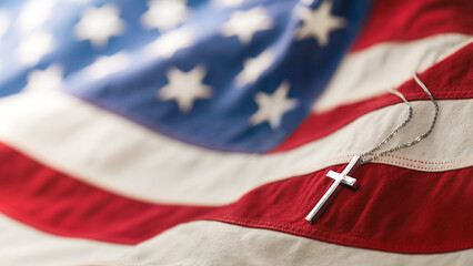 Christian cross necklace on American flag. For US Memorial Day, Veterans Day, USA memorial or military funeral. Representing honor and sacrifice of the armed forces from the United States of America.