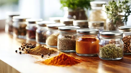 A warm, rustic kitchen counter displaying essential Middle Eastern spices in small jars. © Pannee