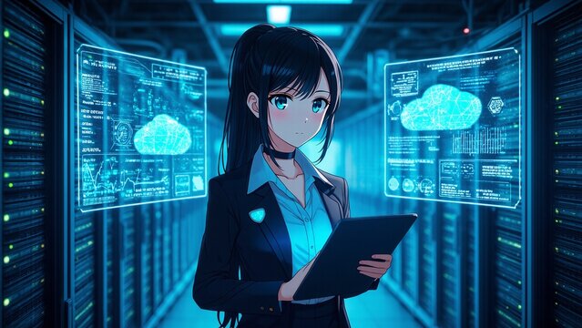 Anime engineer analyzes data center cloud visualizations using tablet technology in professional environment
