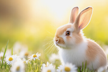 Obraz premium Joyful rabbit hopping playfully through a field of daisies surrounded by nature's beauty and vibrant flora