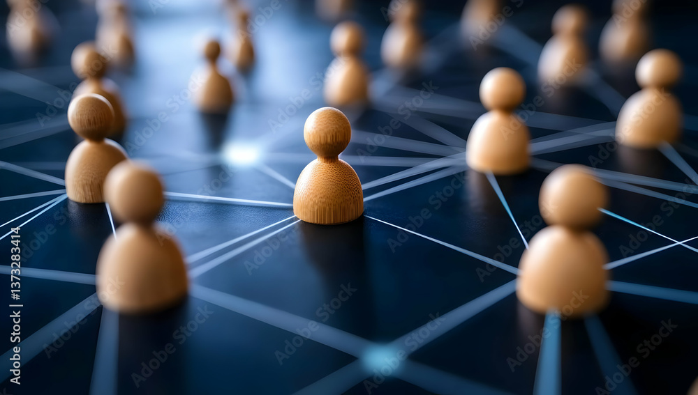 Poster conceptual image depicting networking and connection with wooden figures representing people linked 