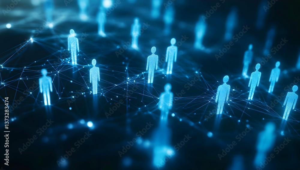 Poster digital network of interconnected figures representing social connections and communication in a mod