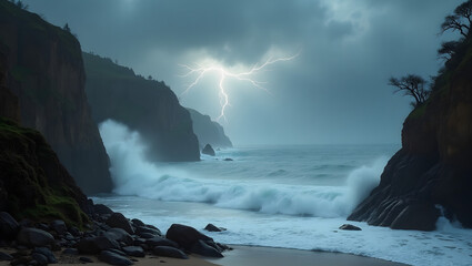 A stormy coastline with massive waves crashing against jagged cliffs