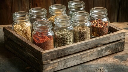 A wooden tray carrying glass jars of freshly ground Middle Eastern spices.
