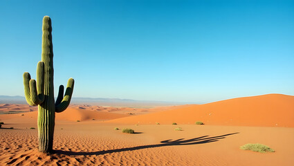 A lone cactus standing in an empty desert under a clear blue sky