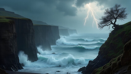 A stormy coastline with massive waves crashing against jagged cliffs