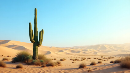A lone cactus standing in an empty desert under a clear blue sky