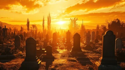 Fototapeta premium A cemetery landscape bathed in sunlight during a golden sunset