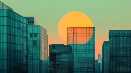 Depict the early morning sun rising over a modern office building in new york, symbolizing a fresh start and new possibilities each day, in the tones of teal and green and pale orange gradients 