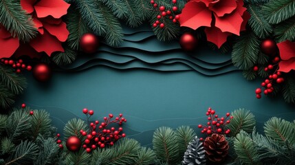 christmas green paper card red felt sheet texture geometric background with blank space 3d render
