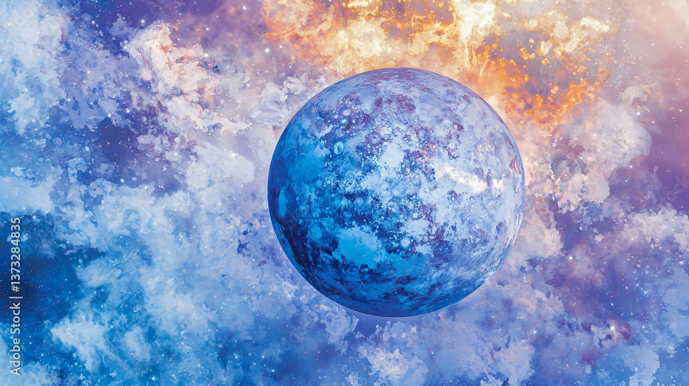 Poster striking blue planet floating in the cosmic sky with ethereal elements creating an awe-inspiring spa