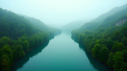 A winding river carving through a lush green valley, with fog rolling over the treetops