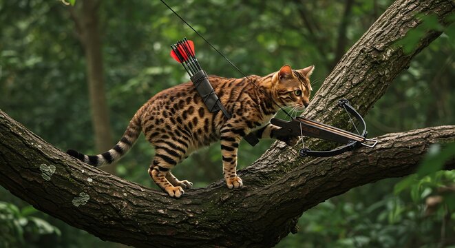 Cat Archer Aiming Crossbow on Branch with Arrow Quiver