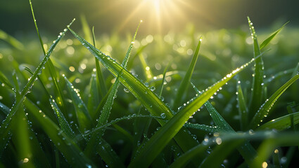 A close-up of dew-covered grass blades illuminated by the golden morning sun