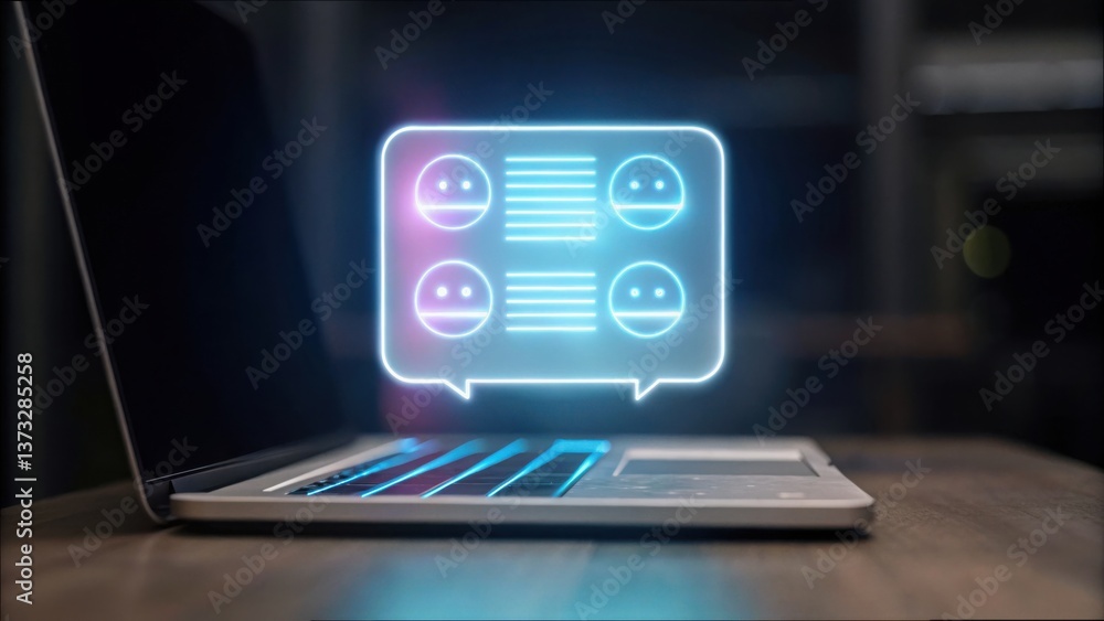 Aufkleber Glowing Chat Interface Displayed on Laptop with Colorful Text