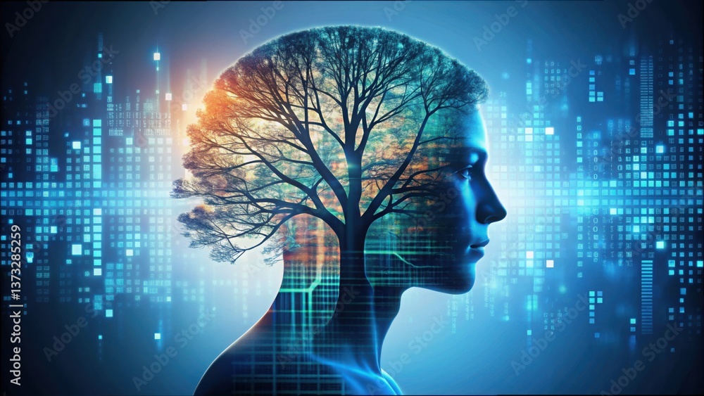 Aufkleber silhouette of woman with tree and data visualization background