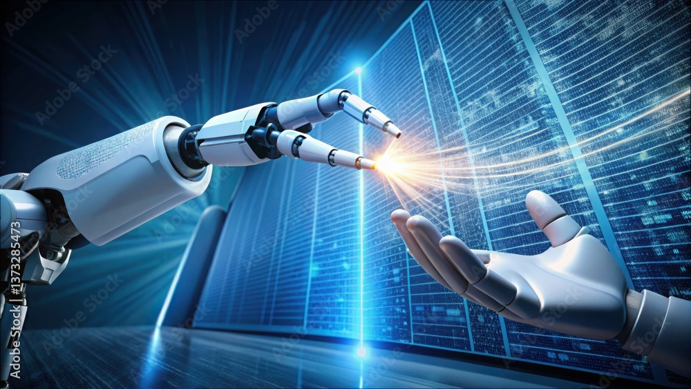 Poster Robotic Arm Pointing at Flowing Data in Futuristic Digital Setting