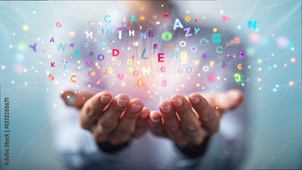 Poster Hands Holding Digital Particles with Colorful Letters and Text Elements