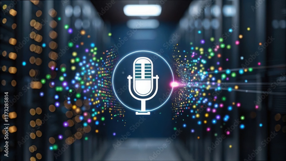 Poster colorful particles surrounding microphone icon in digital environment