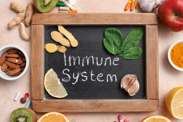 Chalkboard with text IMMUNE SYSTEM, different healthy food and pills on color background