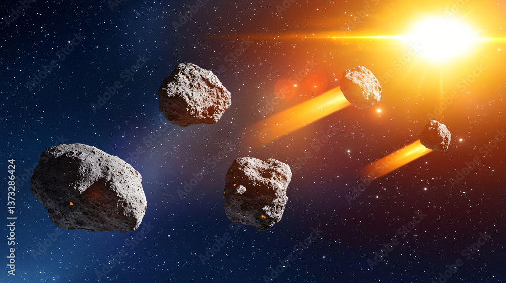 Poster a group of asteroids floating in the sky creating a breathtaking cosmic landscape with unique shapes