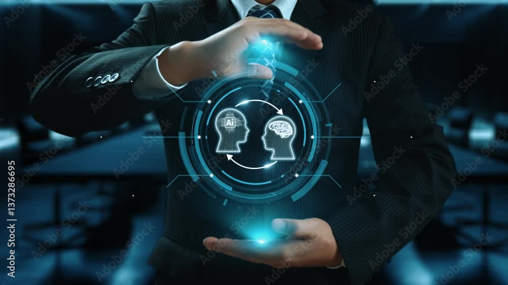 Poster human interact with ai artificial intelligence brain processor in concept of ai artificial intellige