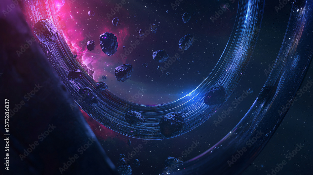 Poster majestic space station orbiting a distant planet with a sleek spaceship passing through asteroid bel