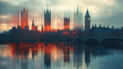 Naklejka premium London skyline panorama featuring the Houses of Parliament and reflection