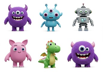 Obraz premium Adorable Cartoon Monster and Robot Set: Cute Fantasy Characters for Kids' Designs and Creative Projects