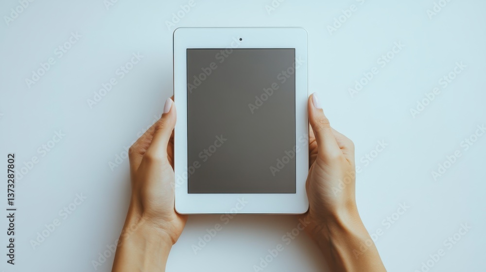 Poster closeup of hands touching white tablet computer on white background with shadow blank screen top vie