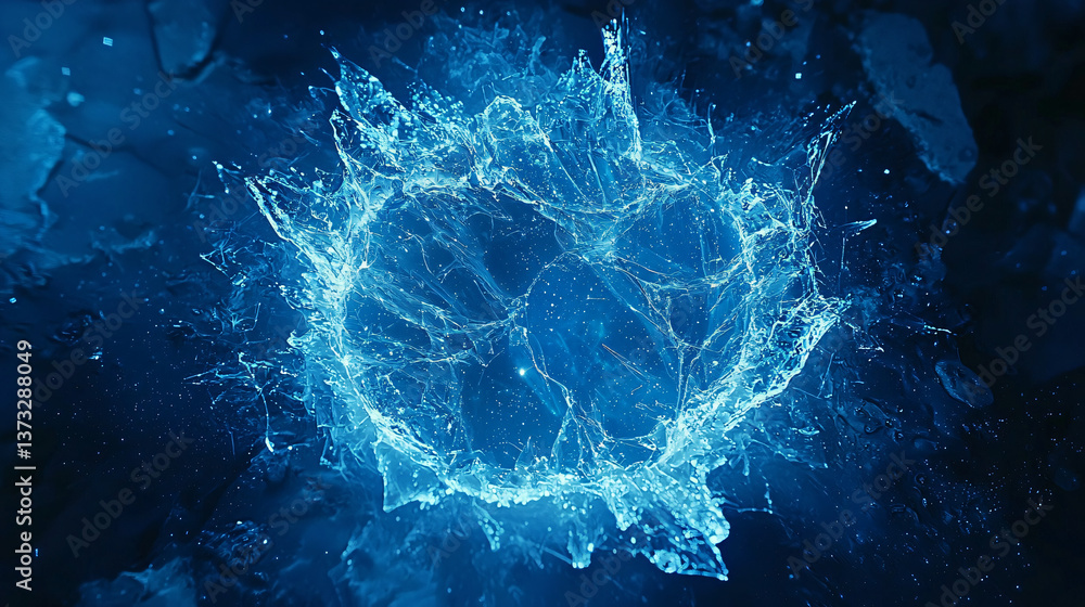 Poster striking blue sphere surrounded by water splashing around it creating a dynamic cosmic scene with vi