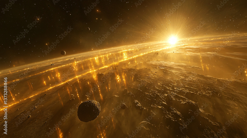 Poster distant view of a space station floating in the cosmic expanse surrounded by asteroid belts and illu