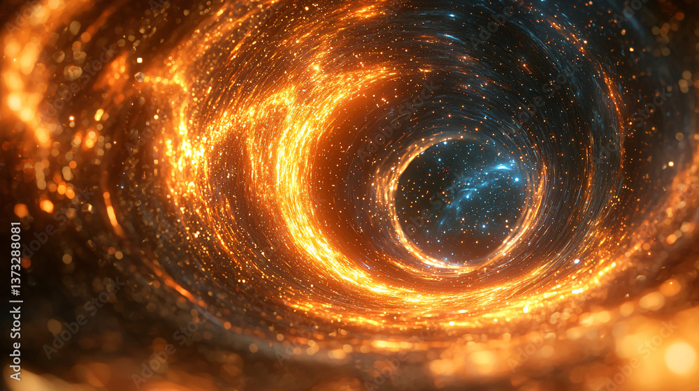 Poster spirally orange and blue object floating in space with glowing reflections creating a breathtaking c