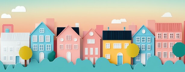 Top view of colorful paper cut A vibrant illustration of charming houses in various colors, surrounded by greenery and a pastel sky, reflecting a lively neighborhood.
