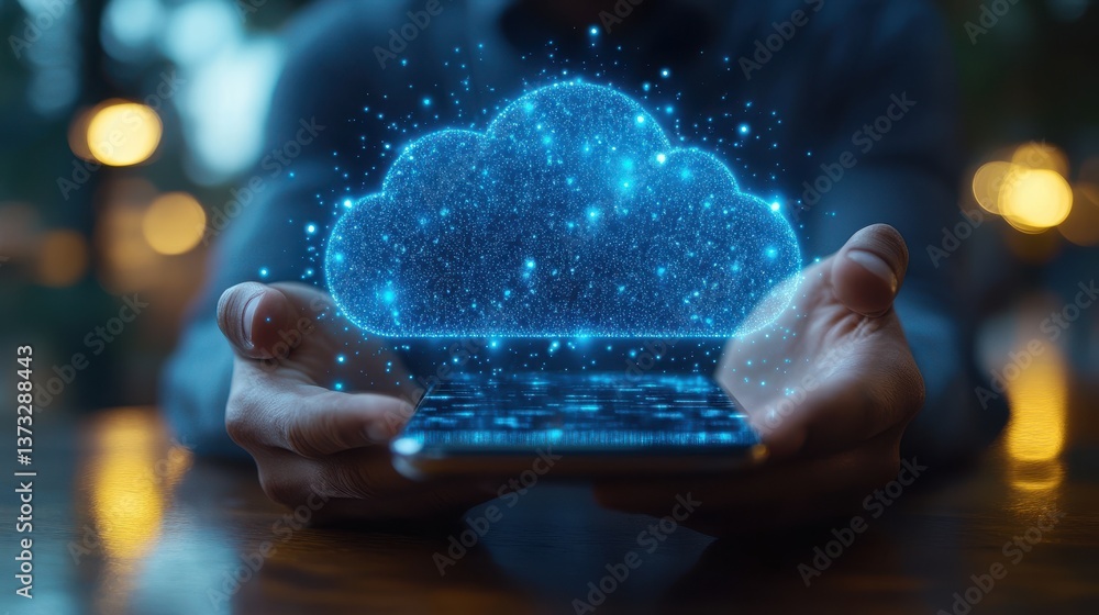 Aufkleber closeup of male hands touching smartphone screen for using cloud app at table cloud app and devices 