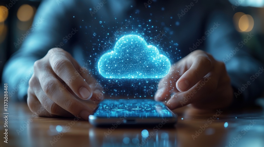 Poster closeup of male hands touching smartphone screen for using cloud app at table cloud app on smartphon