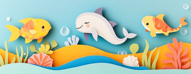Fototapeta premium Top view of colorful paper cut Colorful underwater scene with playful dolphin and vibrant fish, showcasing a whimsical ocean environment filled with coral and plants.