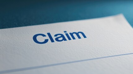 Close up view of a claim form with the word Claim prominently displayed in blue text on white paper