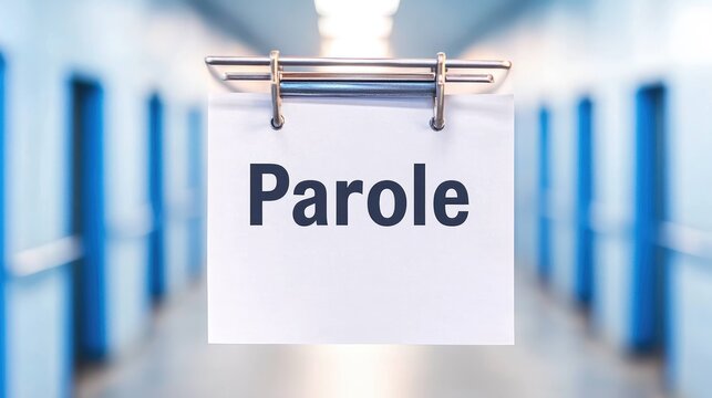 Parole Sign Hanging in a Correctional Facility Corridor A white sign with the word Parole is displayed