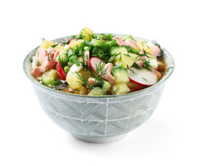 Bowl of tasty okroshka isolated on white background