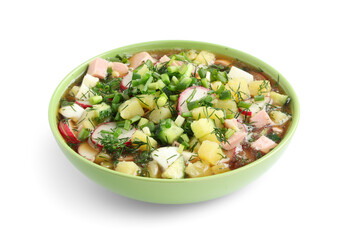 Bowl of tasty okroshka on white background