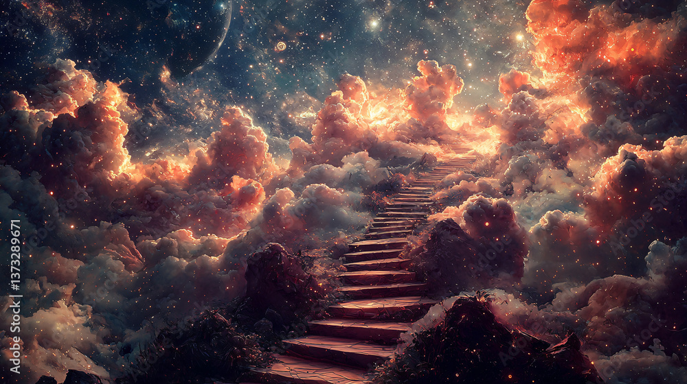 Poster enchanting stairway ascending to a star filled sky above with dreamlike celestial elements and high-