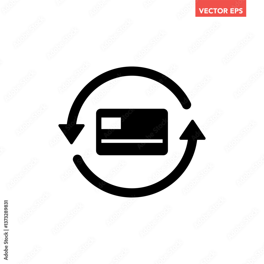 Poster black single renew credit card icon, simple card transaction flat design infographic pictogram vecto