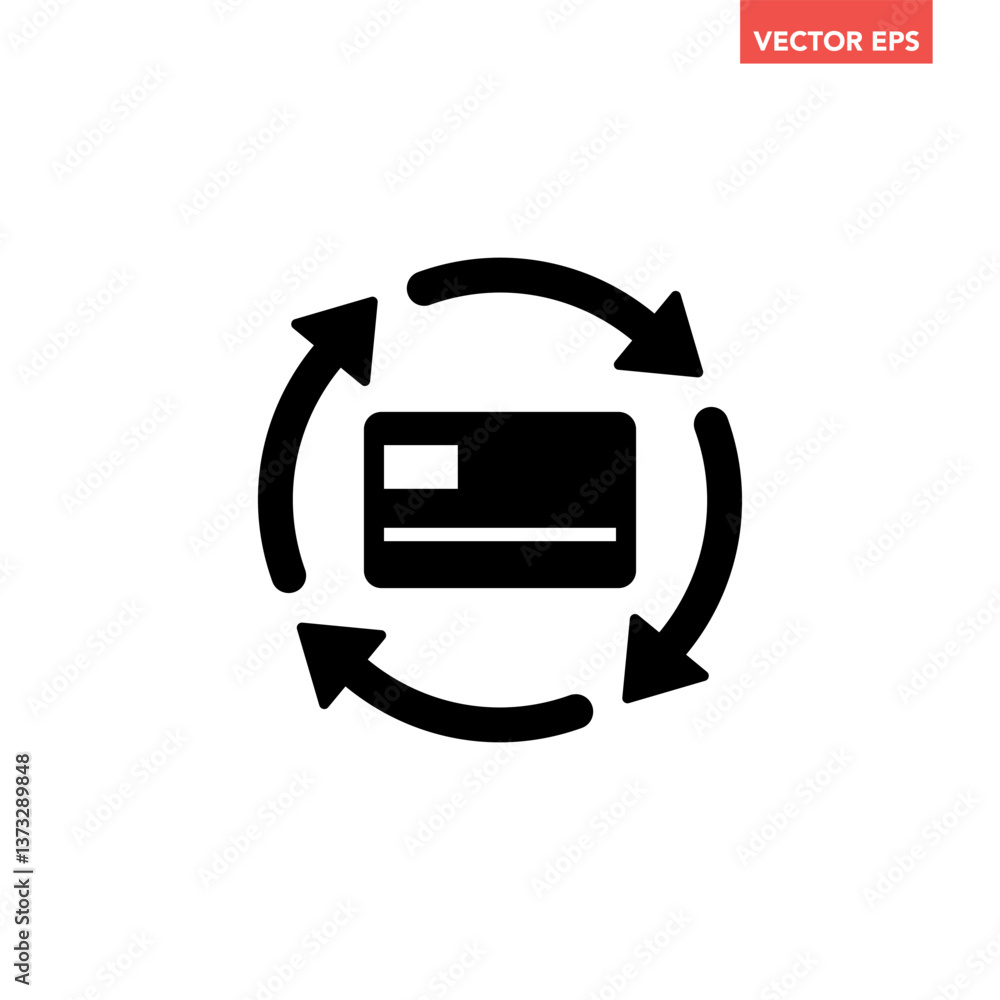 Poster black single renew credit card icon, simple card transaction flat design infographic pictogram vecto