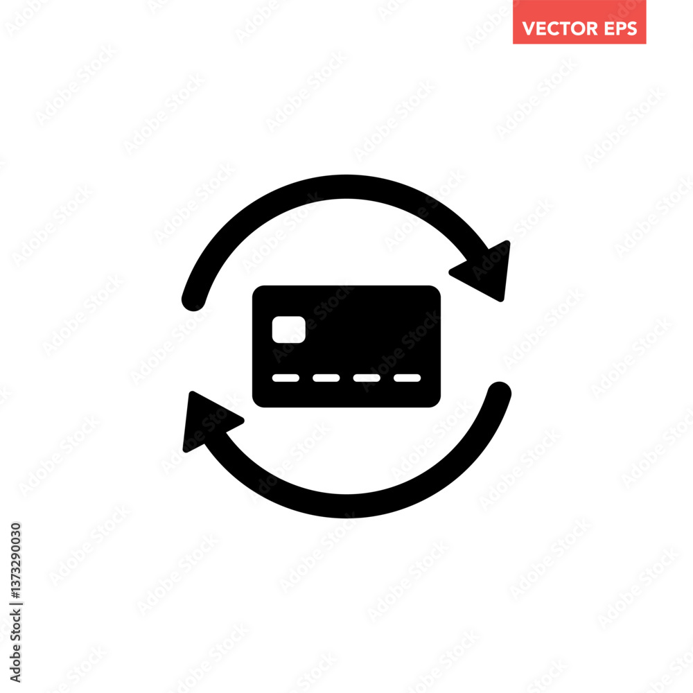 Poster black single renew credit card icon, simple card transaction flat design infographic pictogram vecto