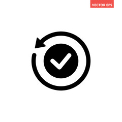 Black round checking process sync approved icon, simple turning arrows syncing flat design pictogram vector for app logo ads web webpage button ui ux interface elements isolated on white background