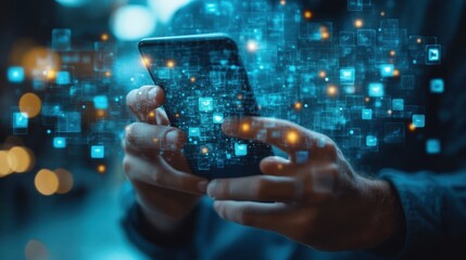 communication in social media concept of online people network closeup of male hands touching smartphone screen for sending message